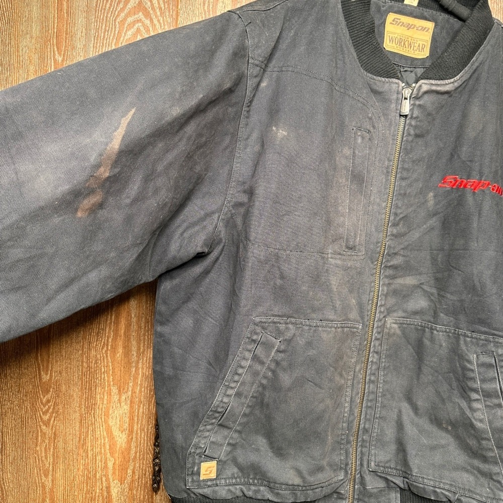 Snap-on Workwear 2X Black Canvas Quilted Bomber Jacket USA Flag Patch Distressed - Picture 4 of 12